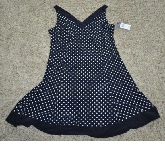 Womens Dress Chaps Blue Polka Dot 22W Fit & Flare Party Stretch Lined V-Neck - Picture 5 of 6